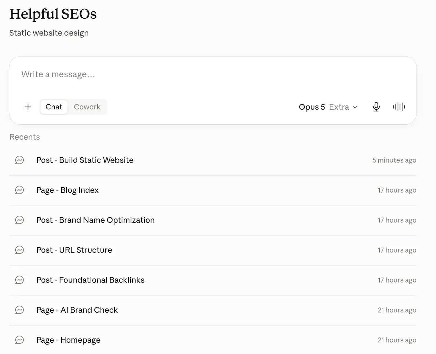A Claude project set up to manage a static website, with the site files organized inside it