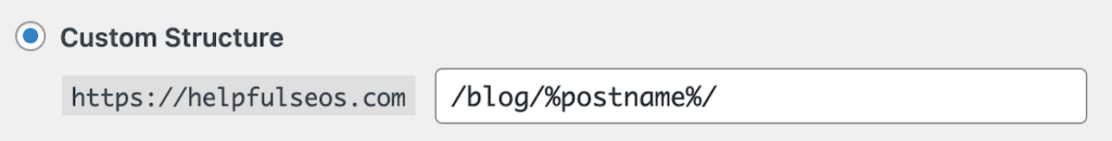 WordPress Permalink Custom Structure setting showing the blog post URL pattern