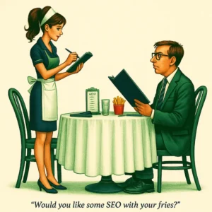 A server offering a patron SEO with his fries