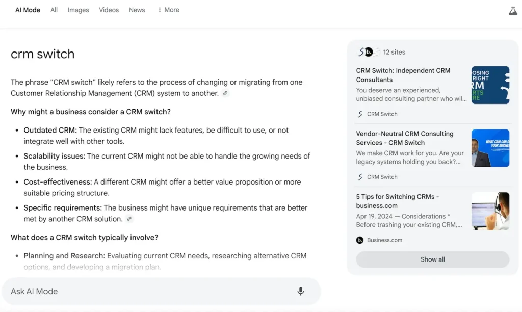 Google AI Mode - CRM Switch Brand